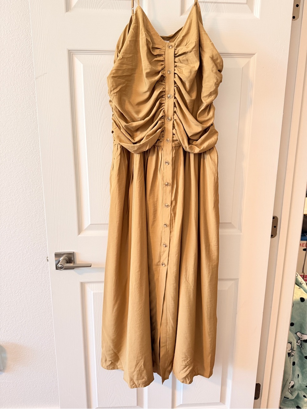 Ruched Button-Front Midi Dress in Camel